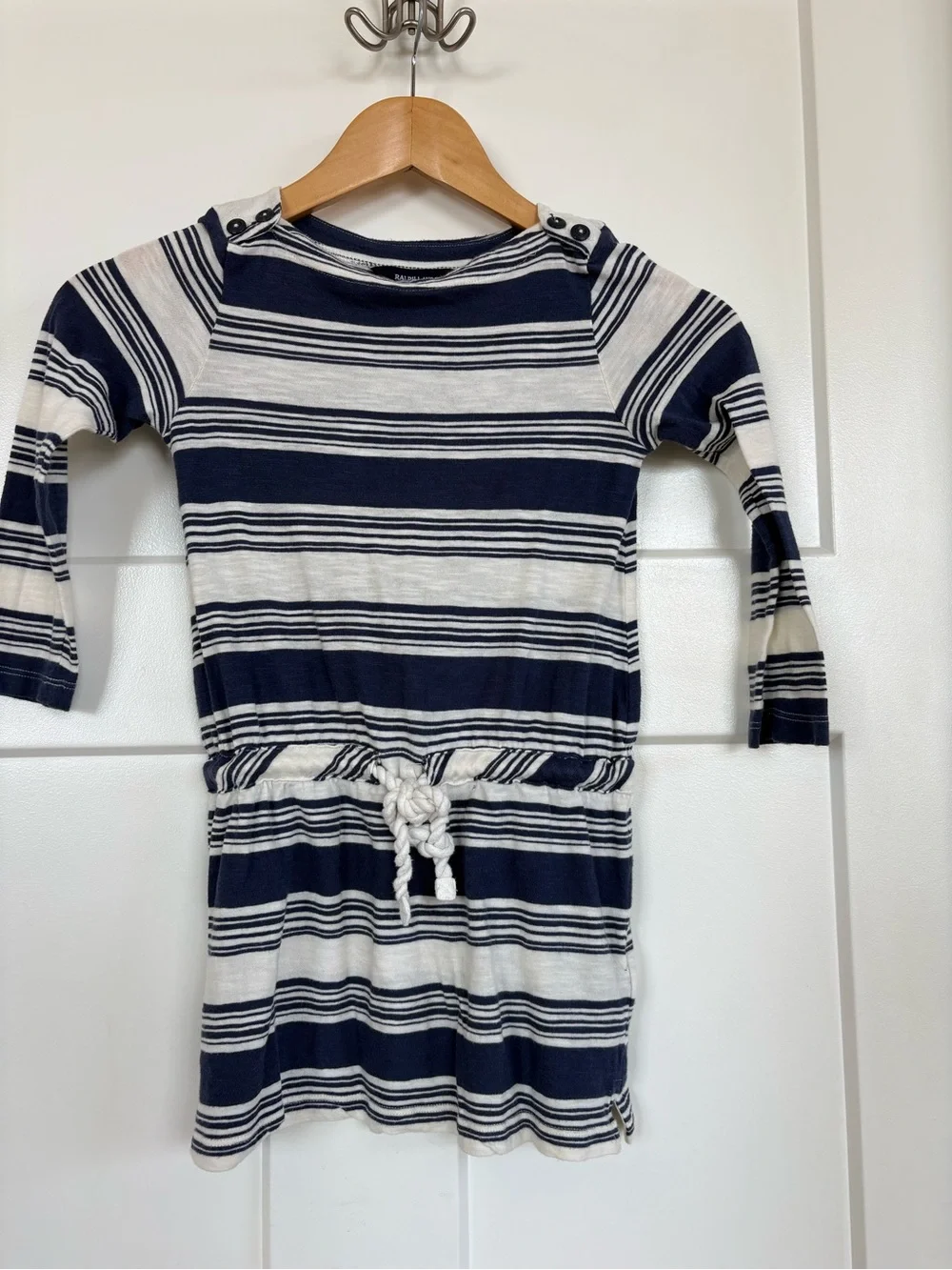 Ralph Lauren Girls Navy and White Long Sleeve Striped Dress with Waist Tie S: 5